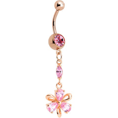 Pink CZ Rose Gold Plated Ribbon Flower Charm Dangle Belly Ring