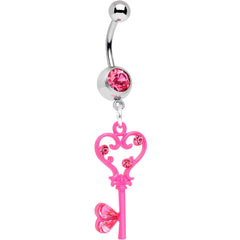 Pink Gem Pink Heart Key to Unlock Love Dangle Belly Ring