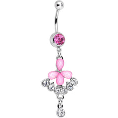 Pink Gem Clear Drops Glittery Flower Dangle Belly Ring