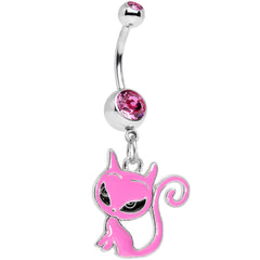 Pink Gem Kitten Dangle Belly Ring