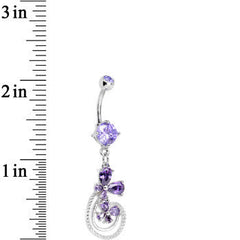 Purple Cubic Zirconia Flowers and Swirls Dangle Belly Ring