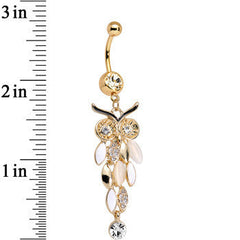 Clear Gem White Faux Opal Gold Anodized Feather Owl Dangle Belly Ring