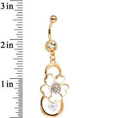 Clear Gem Gold Anodized White Heart Petal Flower Dangle Belly Ring