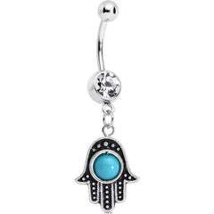Clear Gem Aqua Orb Hamsa Hand Dangle Belly Ring