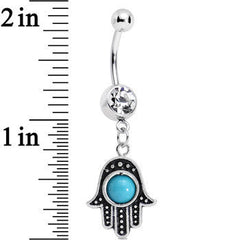 Clear Gem Aqua Orb Hamsa Hand Dangle Belly Ring