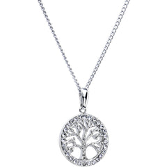 Stainless Chain Clear Gem Tree of Life Medallion Pendant Necklace