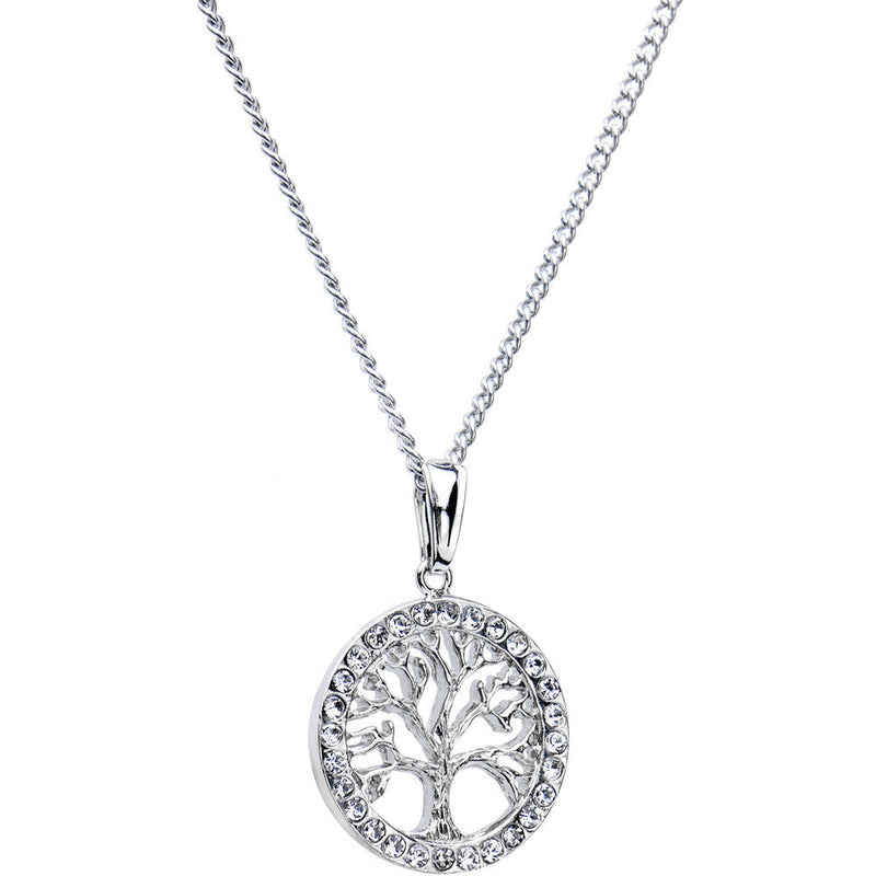 Stainless Chain Clear Gem Tree of Life Medallion Pendant Necklace