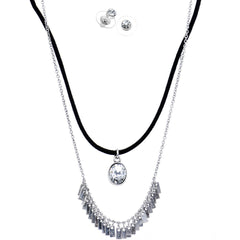 Burnished Silver Clear Necklace and Stud Earring Set