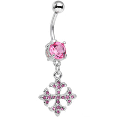Pink Cubic Zirconia Cathedral Cross Dangle Belly Ring