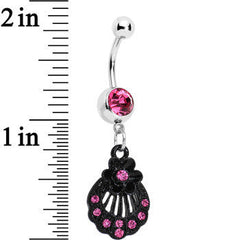 Pink Czech Stone Black Floral Seashell Dangle Belly Ring