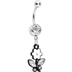 Clear Czech Stone Black Faceted Floral Foliage Dangle Belly Ring
