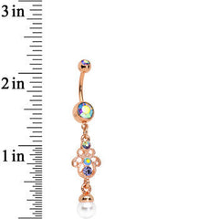 Aurora Gem Faux Pearl Rose Gold Anodized Hamsa Dangle Belly Ring