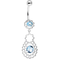 Blue CZ Gem Quatrefoil Layered Flowing Flower Form Dangle Belly Ring