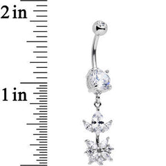 Clear CZ Gem Glitter Budding Flower Dangle Belly Ring