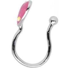 Pink Synthetic Opal Rhodium Plated Heart Clip On Fake Nose Ring