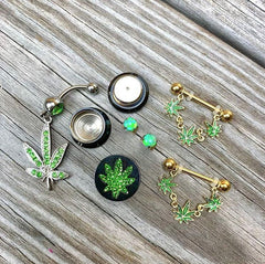 Green Gem 420 Somewhere Marijuana Dangle Belly Ring