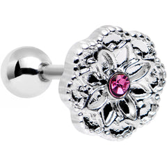 16G 1/4 Pink Gem Steel Mandala Flower Tragus Cartilage Earring