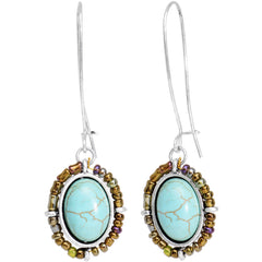 Burnished Silver Tone Tuquoise Kidney Earwire Earrings