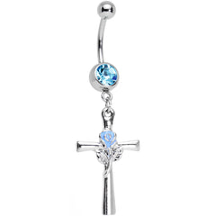 Baby Blue Gem Cross and Rose Flower Loving Spirit Dangle Belly Ring