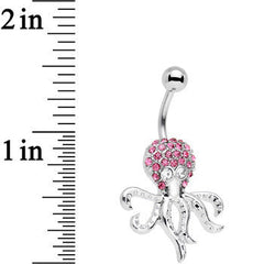 Clear and Pink Gem Paved Steel I'm All Tentacles Octopus Belly Ring