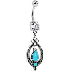 Clear Gem Synthetic Turquoise Detailed Teardrop  Dangle Belly Ring