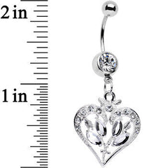 Clear Gem Framework Heart and Flower Dangle Belly Ring