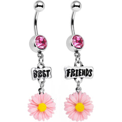 Pink Gem Best Friends Pink Flower Dangle Belly Ring Set