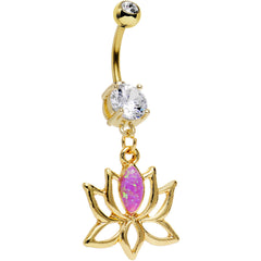 Clear Gem Pink Faux Opal Gold Plated Framework Lotus Flower Dangle Belly Ring