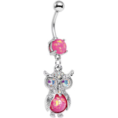 Pink Faux Opal Clear Gem No Ordinary Owl Dangle Belly Ring