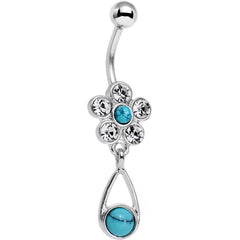 Faux Turquoise Clear Gem Falling For Flowers Dangle Belly Ring