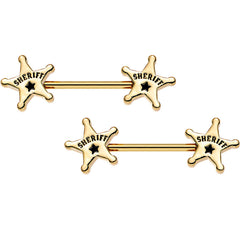 14G 5/8 Gold Plated Steel Sheriffs Badge Nipple Barbell Set
