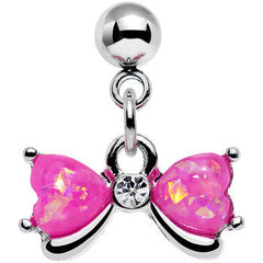 16G 1/4 Pink Faux Opal Heart Bow Dangle Cartilage Earring