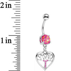 Pink Faux Opal Pink Gem Tree of Life Heart Dangle Belly Ring