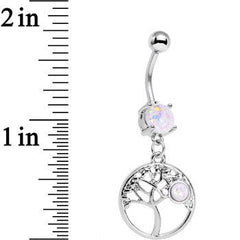 White Faux Opal Circular Frame Terra Tree of Life Dangle Belly Ring