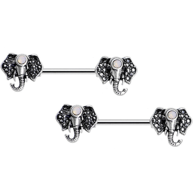 14G 9/16 White Faux Opal Elegant Elephant Nipple Ring Set