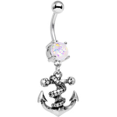 White Faux Opal Pirate Skull Nautical Anchor Dangle Belly Ring