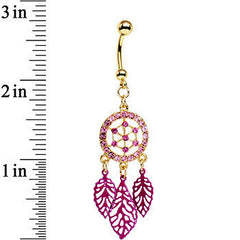 Pink Gem Gold Anodized Steel Dream Leaf Dangle Belly Ring
