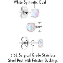 White Synthetic Opal Stainless Steel Post Stud Earring Pack Set of 3