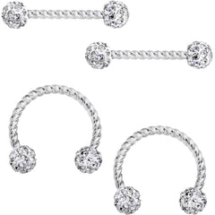 14G Clear Gem Cluster Twisted Horseshoe Barbell Nipple Ring Set