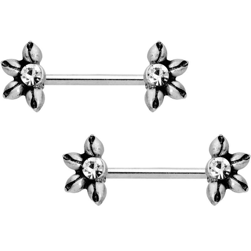 9/16 Clear CZ Blooming Flower Barbell Nipple Ring Set