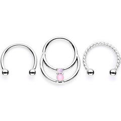 16G 3/8 Pink Faux Opal Twisted Horseshoe Closure Ring Set