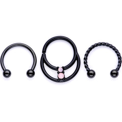 16G 3/8 Pink Faux Opal Black Anodized Horseshoe Closure Ring Set