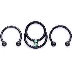 16G 3/8 Teal Faux Opal Black Anodized Horseshoe Closure Ring Set