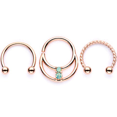 16G 3/8 Teal Faux Opal Rose Gold Tone Horseshoe Closure Ring Set