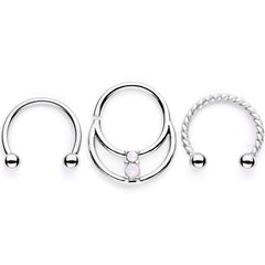 16G 3/8 White Faux Opal Twisted Horseshoe Closure Ring Set