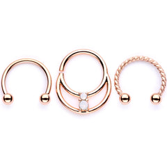 16G 3/8 White Faux Opal Rose Gold Tone Twisted Horseshoe BCR Captive Ring Set