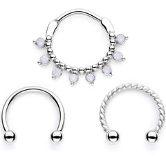 16G 3/8 White Faux Opal Twisted Hoseshoe and Clicker Set of 3