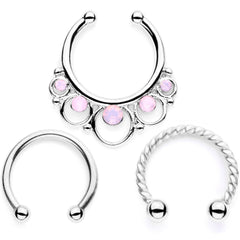 16G Pink Faux Opal Twisted Horseshoe Clip On Fake Septum Ring Set