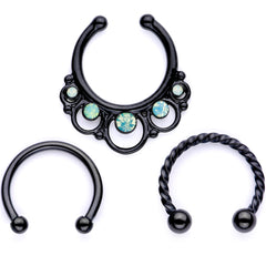 16G Teal Faux Opal Black Anodized Twisted Horseshoe Clip On Fake Septum Ring Set