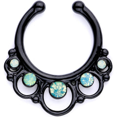 16G Teal Faux Opal Black Anodized Twisted Horseshoe Clip On Fake Septum Ring Set